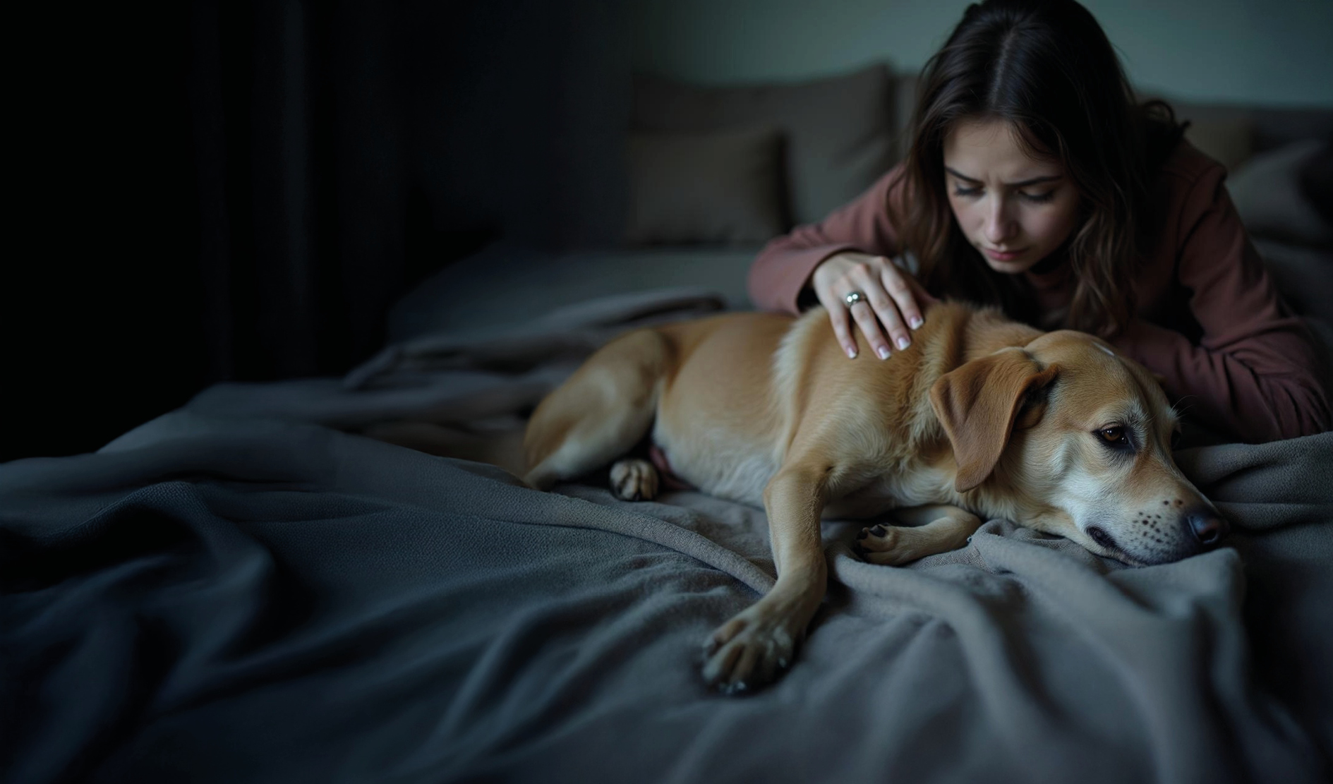 Hund, Hund liegt, Beige Hund, Frau mit Hund, Sofa Decke Szene